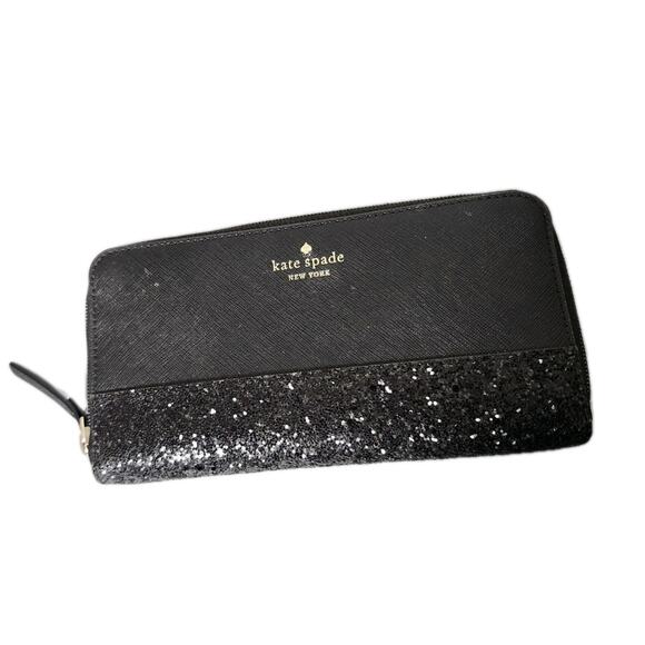 Kate Spade Great Court Glitter Neda Wallet Black Zip Sparkle - Picture 1 of 9